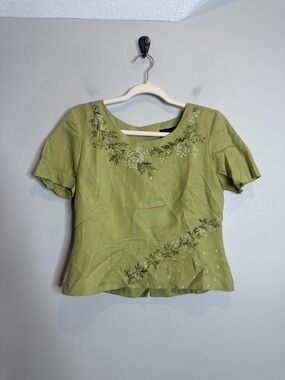 VTG Y2K Linen Blend Beaded Embroidered Baby Tee Crop Top 6 Small Garden Party